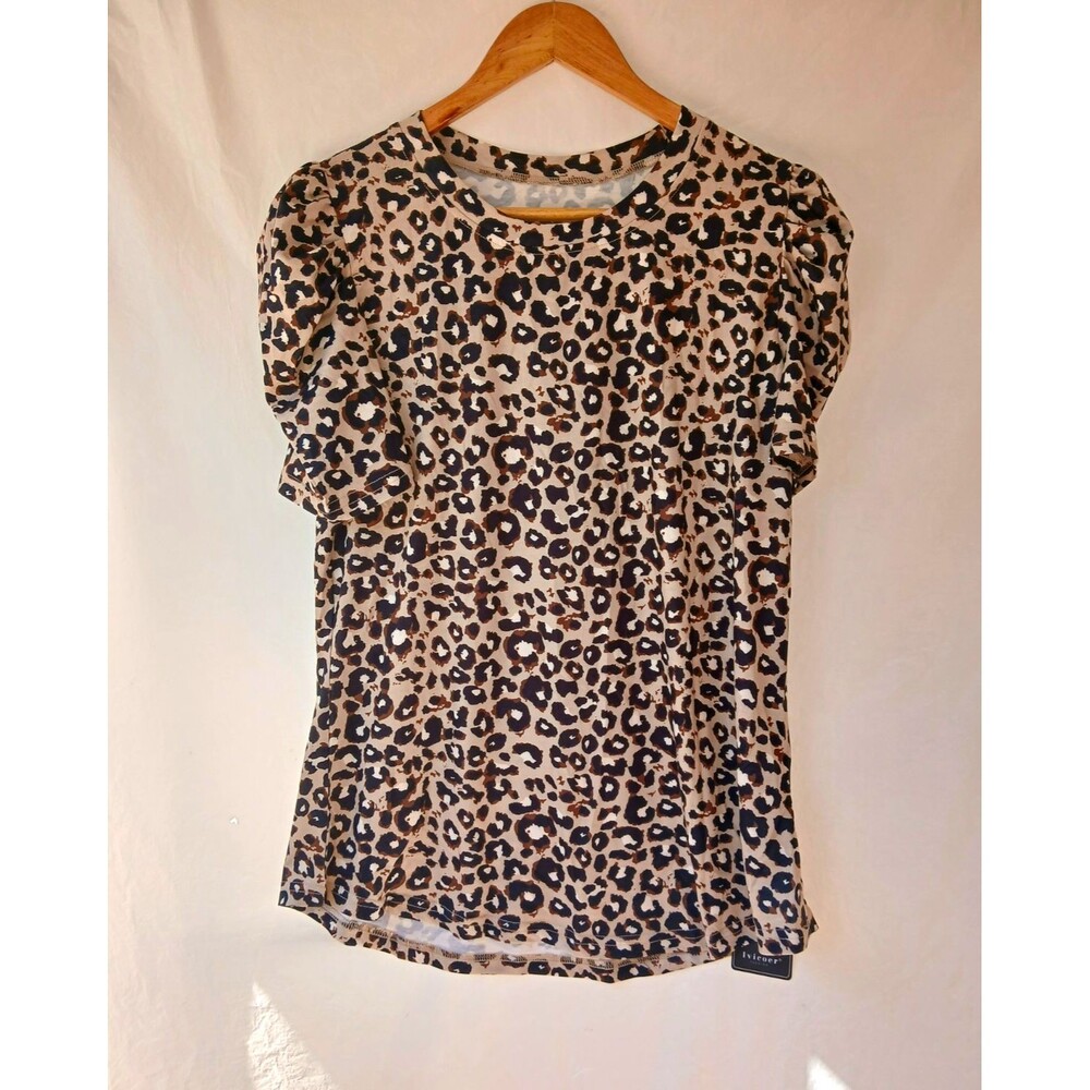 Livecoer Women’s Leopard Print Crew Neck Puff Sleeve Stretch Knit Tee Size M